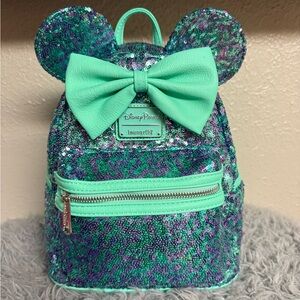 Loungefly Disney Park Mint and Purple Sequin Minnie Ear Backpack with Bow